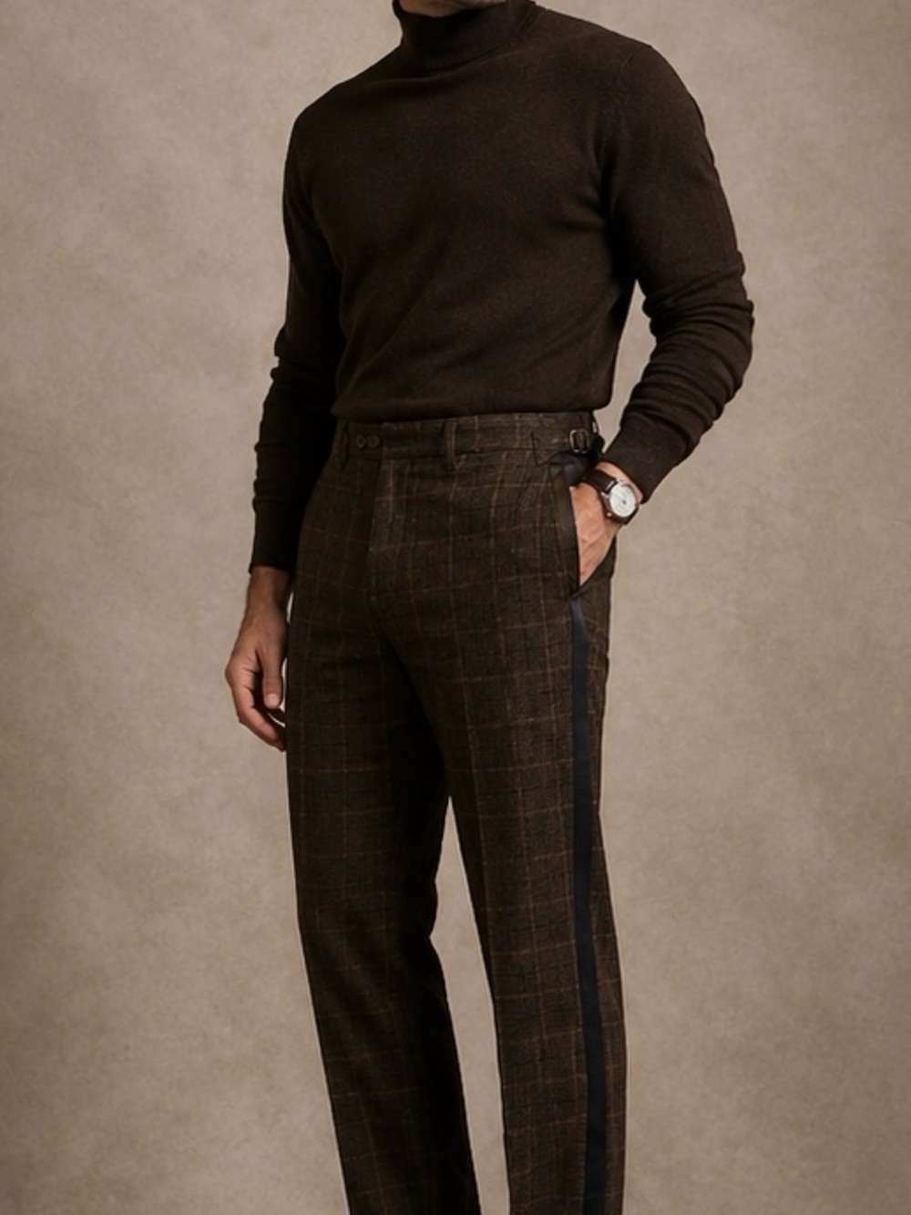 Ralph Lauren Double RL Brown Windowpane Dress Pants with Tuxedo Side Stripes